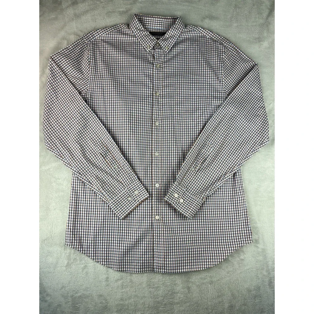 BANANA REPUBLIC Shirt Men Large Check Gingham Grant Fit Stretch Pinpoint Oxford
